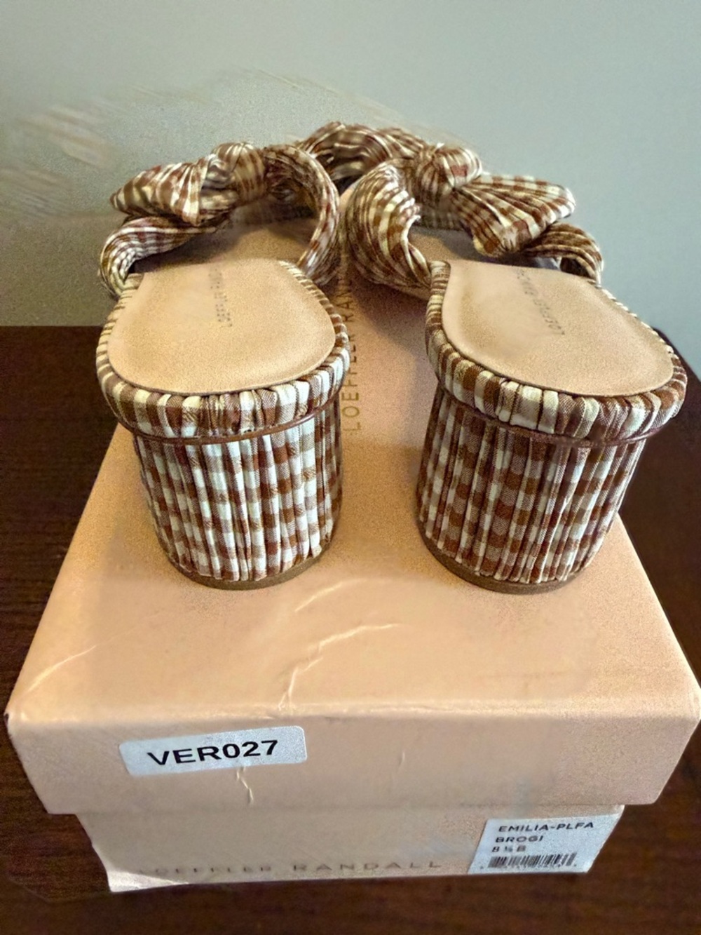 Loeffler Randall Gingham Bow Block Heel Slide - Brown/White - Picture 5 of 8